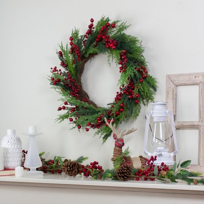Mixed Pine and Red Berries 26" Artificial Christmas Wreath
