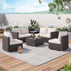Outdoor Furniture Patio 8-Piece Rattan Sectional Set w/ Storage, 4" Cushions & Tempered Glass Table - 1 of 4