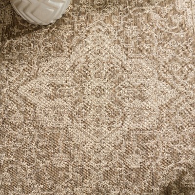 Beige Cream Geometric Synthetic Outdoor Runner Rug 2' x 8'