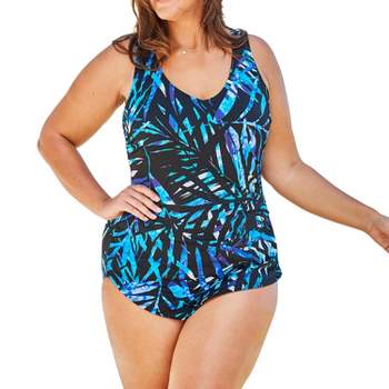 Swim 365 Women's Plus Size Tank Overlay Swim Romper - 32, Blue Painterly  Leaves : Target
