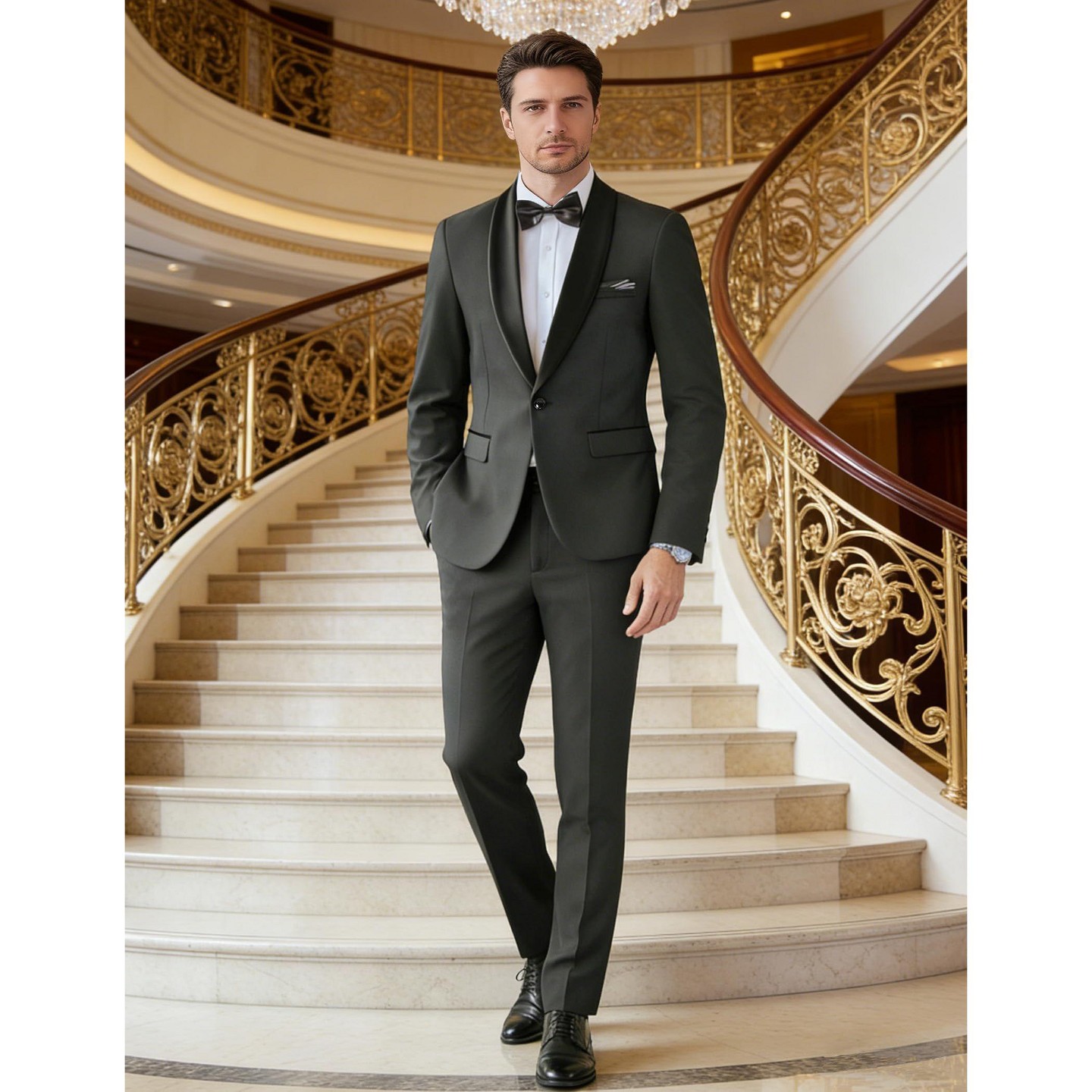 Мужские комплекты COOFANDY Tuxedo Suit Set Slim Fit 2 Piece Suit Shawl Lapel Formal Prom Party Suits for Men Dark Grey, цвет: Тёмный серый — фото 3