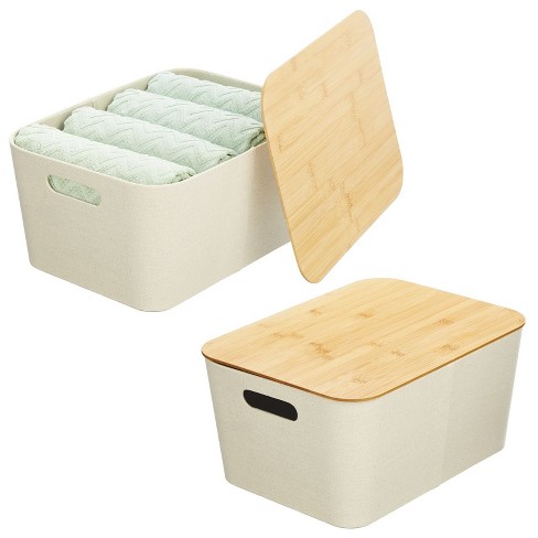 mDesign Modern Stackable Fabric Covered Bin with Bamboo Lid, 2 Pack - 16 x 12