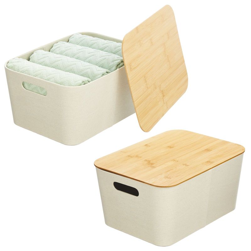 mDesign Modern Stackable Fabric Covered Bin with Bamboo Lid, 2 Pack, 1 of 9