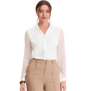 INSPIRE CHIC Women's Point Collar V Neck Mesh Sleeve Button Down Work Office Shirt - 1 of 4