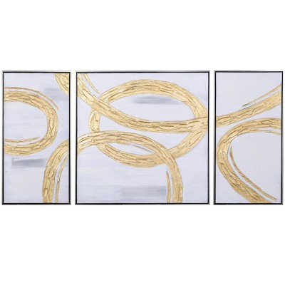 Set of 3 Abstract Gold Circles Triptych Embellished Oil on Canvas Wall Arts - StyleCraft: Modern Black Framed Vertical Decor