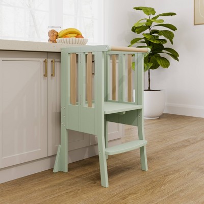 Sage and Driftwood Foldable Solid Wood Toddler Step Stool