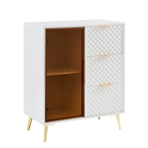 Vynxaria Storage Drawers - Elegant White Chest with Geometric Design and Glass Doors - 1 of 4