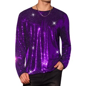 Lars Amadeus Men's Crew Neck Long Sleeves Party Clubwear Sparkly Sequins T-Shirt - 1 of 4