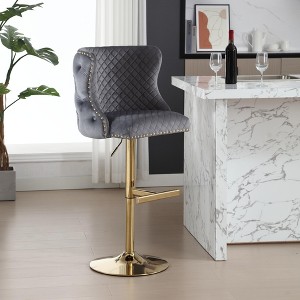 Luxury Velvet Bar Chair Stool with Adjustable Height, Gold Lion Head Pull, Diamond Lattice Back, Electroplated Gold Legs, Set of 1 - 1 of 4