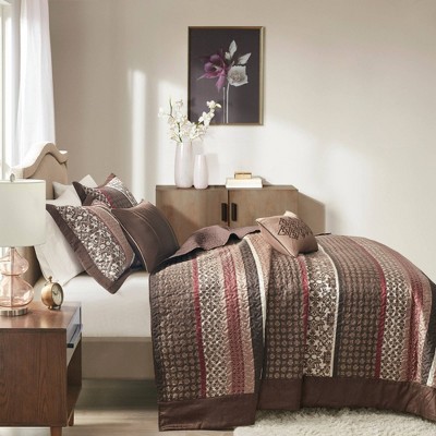 King Red and Brown Reversible Jacquard Bedspread Set