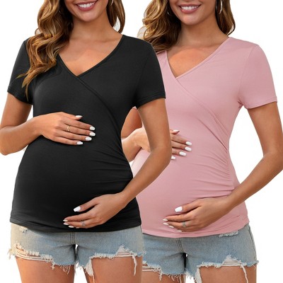INSPIRE CHIC 2 Pcs Women's Soft Material Faux Wrap Side Ruched Cross V Neck Maternity Top