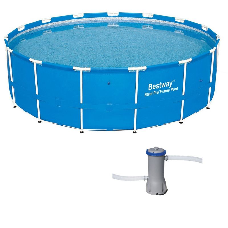 Bestway 15 Foot x 48 Inch Durable Steel Pro Frame Above Ground Pool with Repair Patch Kit and FlowClear 1000 GPH Cartridge Filter Pump, 1 of 7