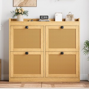 Shoe Storage Cabinet with 4 Flip Drawers, Wood Shoe Cabinet with Rattan Doors & Adjustable Shelves, Freestanding Shoe Organizer for Entryway, Hallway - 1 of 4