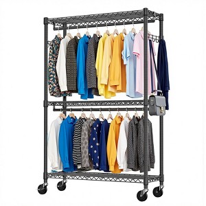 AZL1 Life Concept Garment Rack Rolling Heavy Duty 3 Tiers Adjustable Wire Shelving with 2 Rods Side Hooks for Bedroom, Black, 45.7"*16.6"*4.6" - 1 of 4