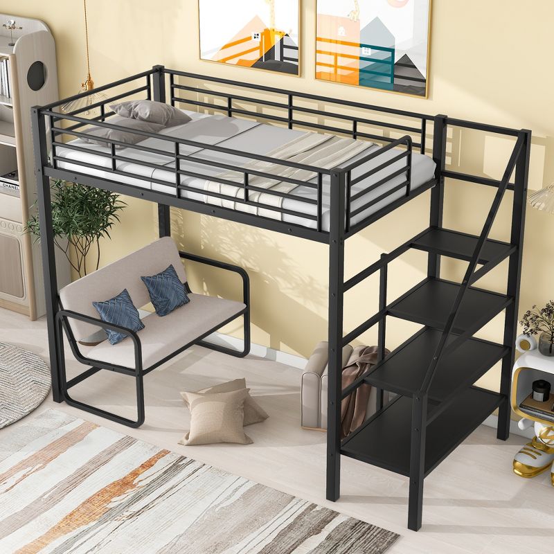 Twin Size Metal Loft Bed with Bench and Storage Staircase, Black-ModernLuxe, 1 of 12
