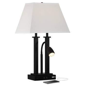Possini Euro Design Deacon Modern Desk Table Lamp 26" High Black with USB and AC Power Outlet in Base LED Reading Light Oatmeal Shade for Office Desk