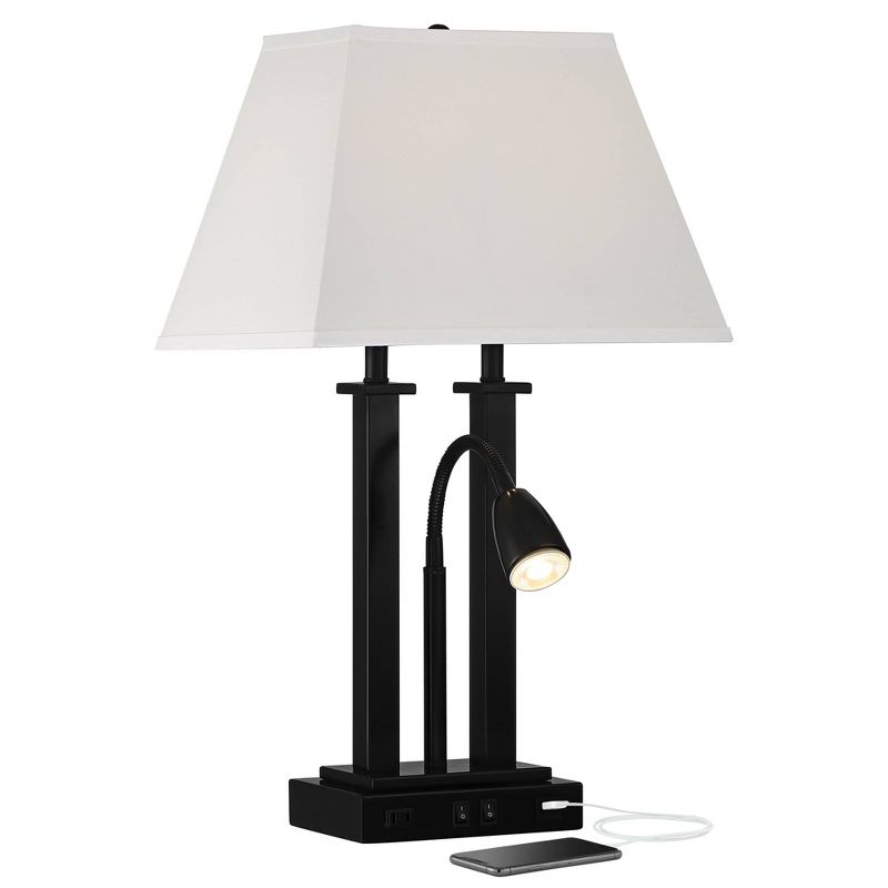 Possini Euro Design Deacon Modern Desk Table Lamp 26" High Black with USB and AC Power Outlet in Base LED Reading Light Oatmeal Shade for Office Desk, 1 of 10