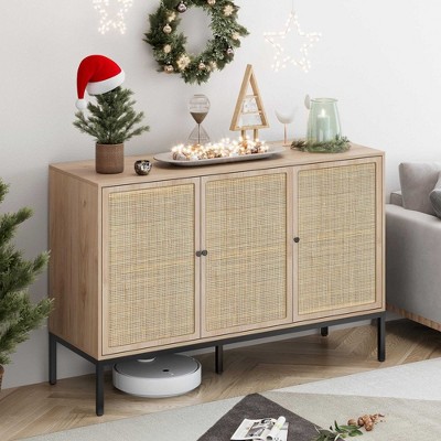 Brafabhome Sideboard Buffet Cabinet with 3 Rattan Doors, Wood Storage Credenza with Steel Legs for Living Room, Dining Room, Entryway, Kitchen | Beige