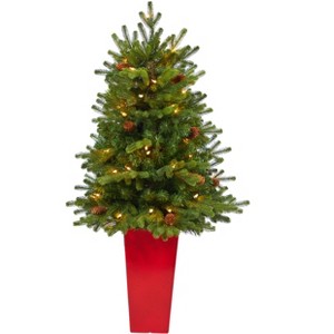 Nearly Natural 3.5-ft Yukon Mountain Fir Artificial Christmas Tree with 50 Clear Lights and Pine Cones in Red Planter - 1 of 4