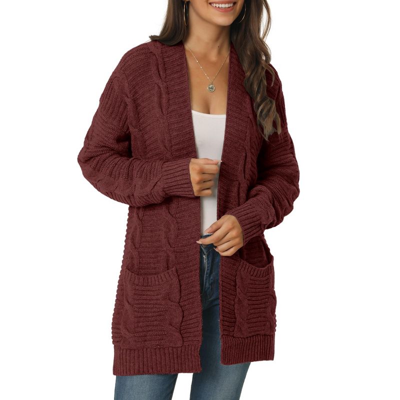 Seta T Women's Long Sleeve Cable Knit Open Front Fall Sweater Cardigan Coat with Pockets, 1 of 6