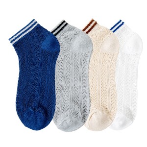 Anna-Kaci Women's 4-Pair Pack Lightweight Mesh Ankle Socks with Striped Cuffs Breathable Knit Texture - 1 of 4