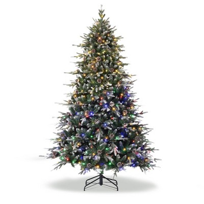 Frosted Christmas Tree, Flocked Christmas Tree with Pine Cones, 240 Warm White Lights-8 Modes,Metal Stand,Pencil Xmas Trees for Porch, Church, Office