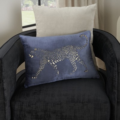 Navy and Gold Handcrafted Leopard Velvet Lumbar Pillow