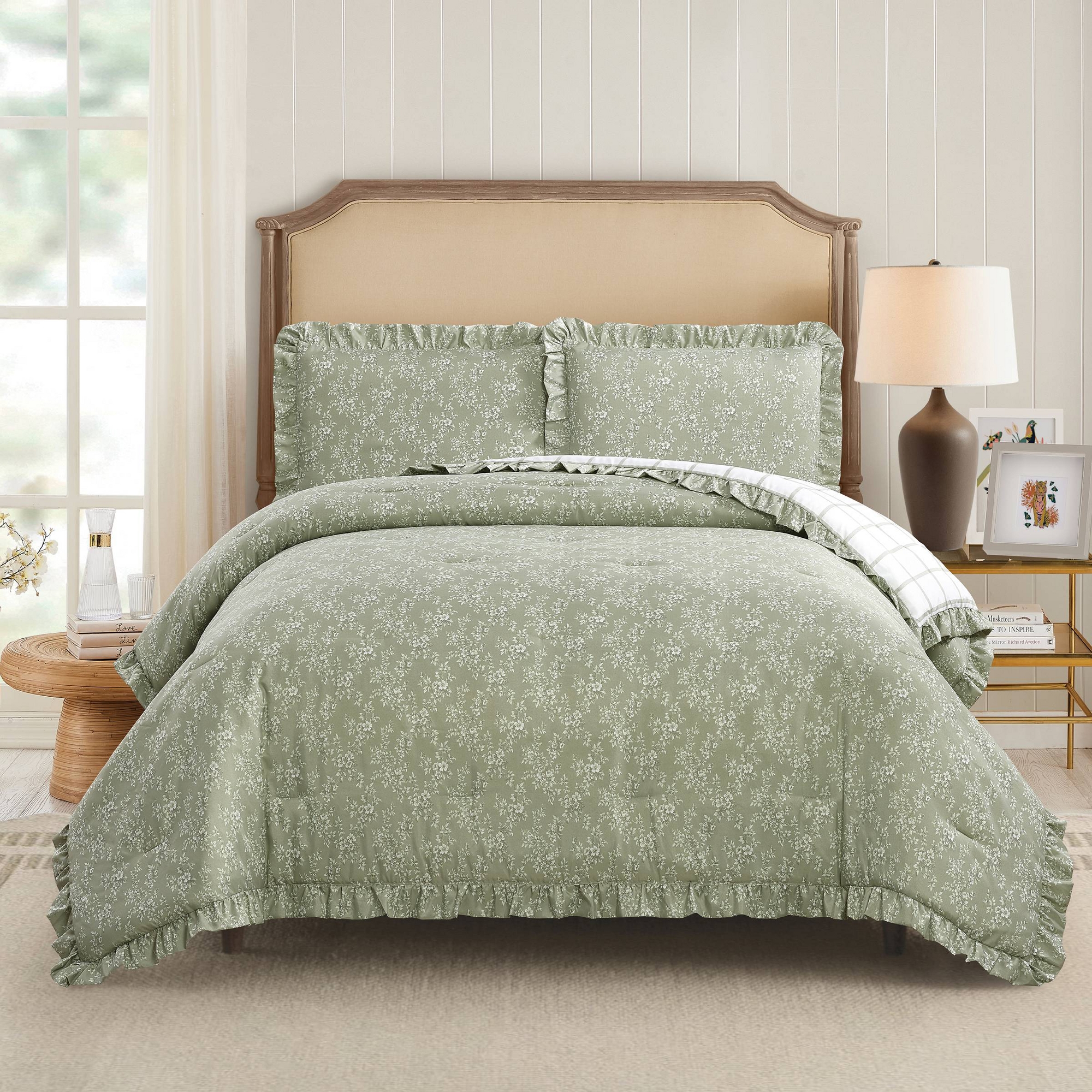 Modern Heirloom 3pc Full/Queen Floral Ruffle Comforter Bedding Set Assorted Green