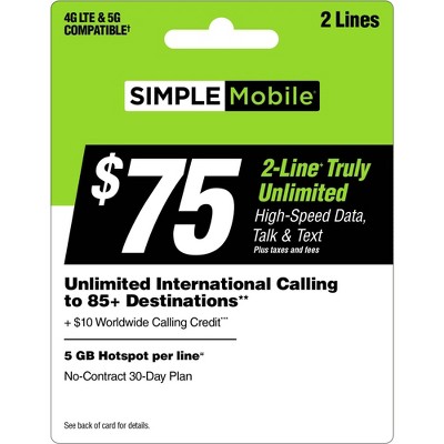 Simple Mobile Prepaid 2 Line - $75