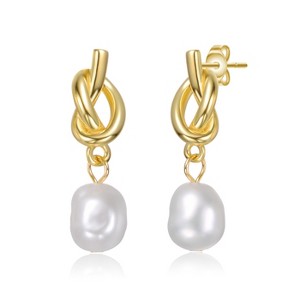 Guili Elegant Sterling Silver 14K Gold-Plated Pretzel Love Knot Freshwater Pearl Dangle Earrings – A Stylish Symbol of Timeless Romance - 1 of 3