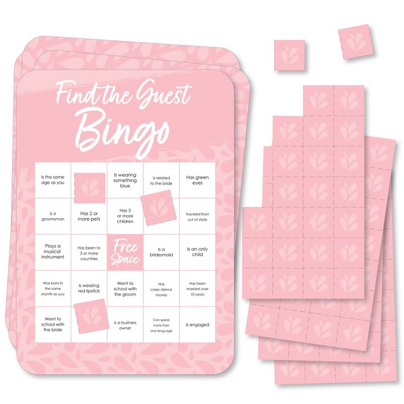 Big Dot of Happiness Pink Elegantly Simple - Find the Guest Bingo Cards and Markers - Wedding & Bridal Shower Bingo Game  Set of 18, 1 of 6