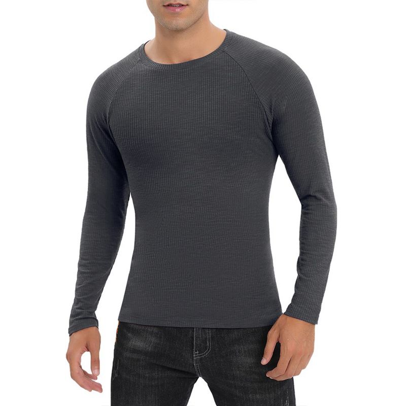 Mens Shirts 2 Packs Crew Tops Long Sleeve Ribbed Pullover Sweater Sim Fit Basic Layer Tops Solid Tee Crewneck Stretchy Undershirts, 2 of 8