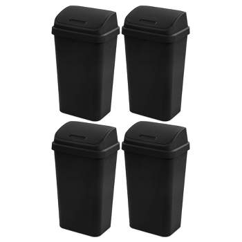 Sterilite 13 Gallon Plastic Swing Top Space Saving Flat Side Lidded Wastebasket Trash Can for Kitchen, Garage, or Workspace (4 Pack)