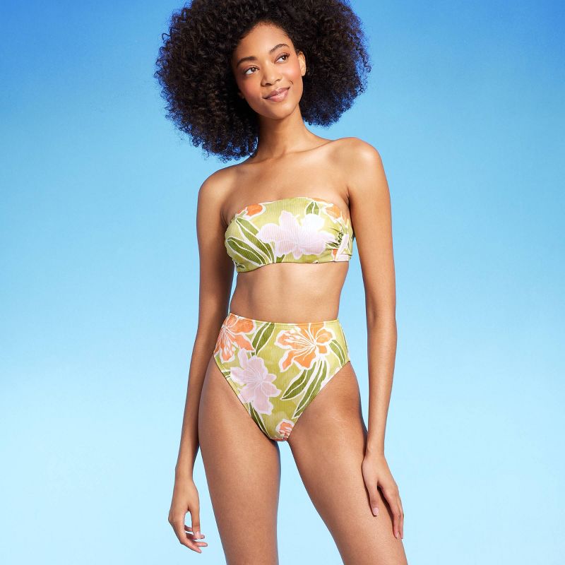 Women's Ribbed High Waist High Leg Medium Coverage Bikini Bottom - Shade & Shore™ Lime Green Floral Print, 3 of 6