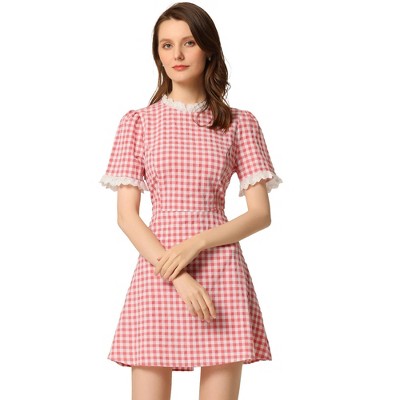 Allegra K Women's Summer Ruffle Neck Lace Panel Short Sleeve Check Gingham Dress