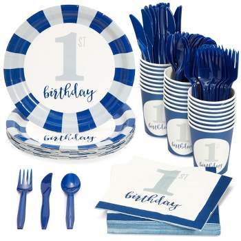 Juvale 144-Piece Baby First Birthday Decorations for Boy, 1st Birthday Theme Party Supplies with No 1. Plates, Napkins, 9oz Cups, and Cutlery