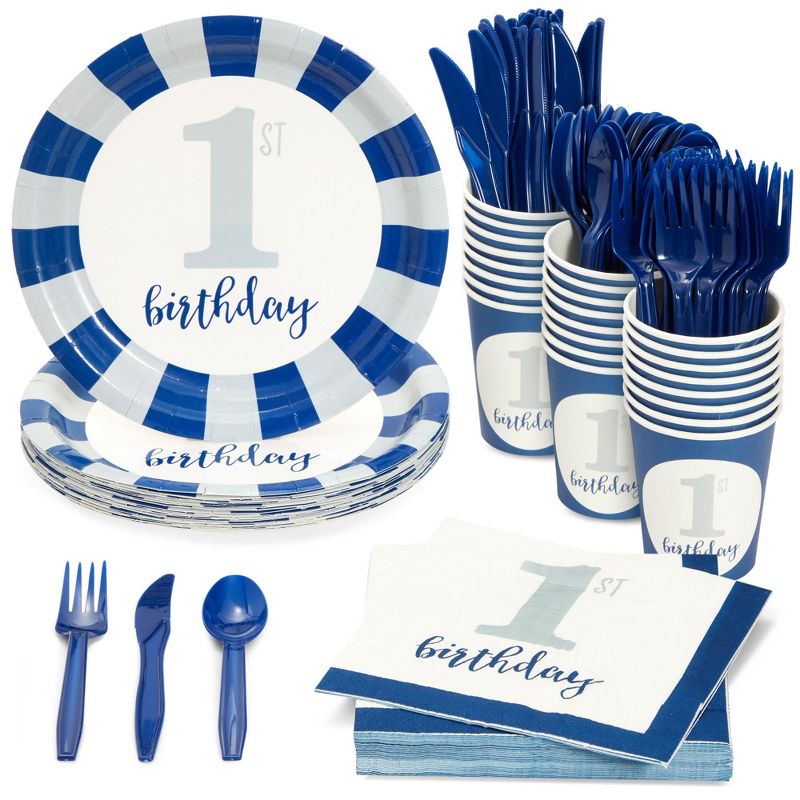 Juvale 144-Piece Baby First Birthday Decorations for Boy, 1st Birthday Theme Party Supplies with No 1. Plates, Napkins, 9oz Cups, and Cutlery, 1 of 10