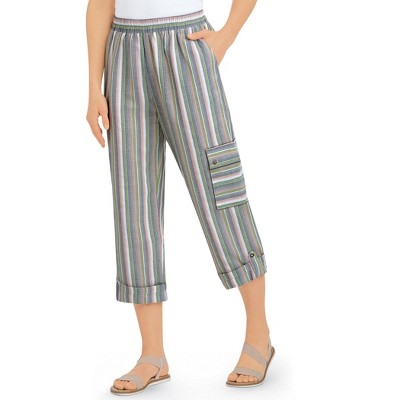 Collections Etc Striped Cargo Cuffed Hem with Button Tab Elasticized Waist Capris