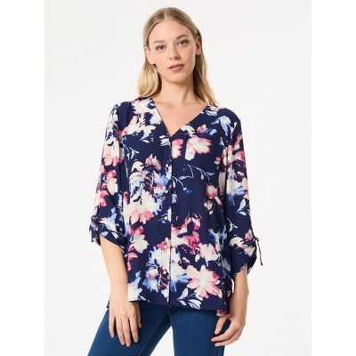 Jones New York Floral Button-Front Collarless Tunic