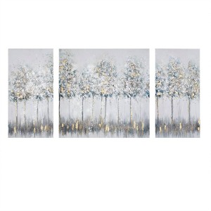 (Set of 3) 27" Height Midst Forest Printed Canvas with Gold Foil Blue: Abstract Landscape, Acrylic Screen Print, Unframed - 1 of 4