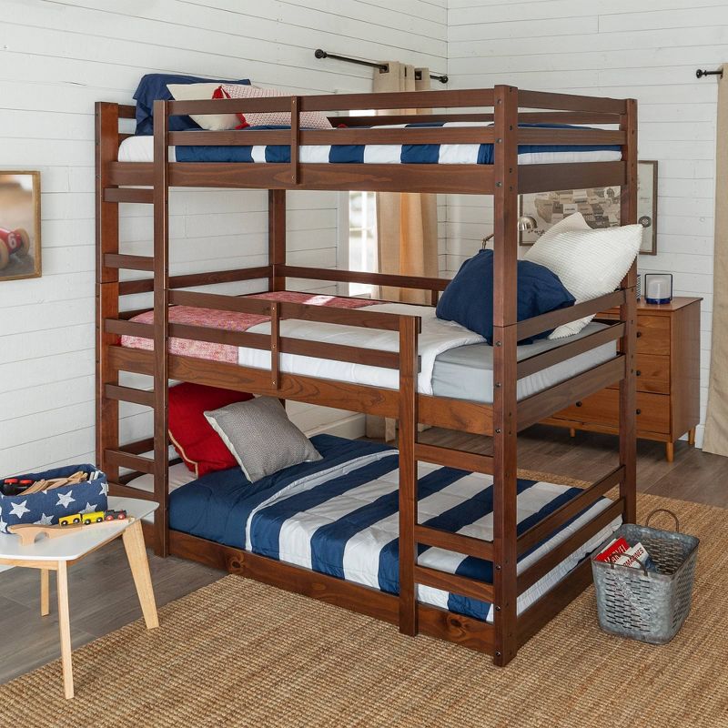 Twin Indy Solid Wood Kids&#39; Triple Bunk Bed Walnut - Saracina Home, 1 of 10