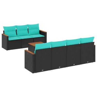 vidaXL 8 Piece Garden Sofa Set with Cushions Black and Blue Poly Rattan