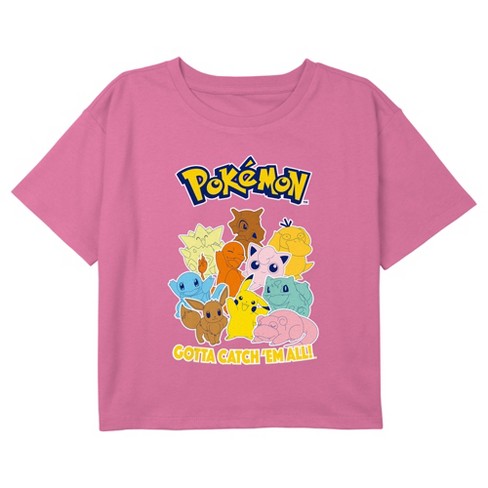 Girl's Pokemon Colorful Catch 'em Group Crop Top T-shirt - Light Pink - X Large : Target