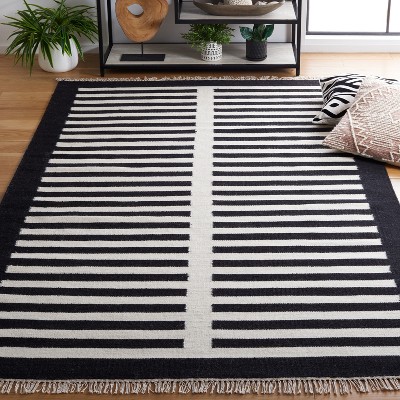 Handmade Black and Ivory Wool Striped 4' x 6' Area Rug