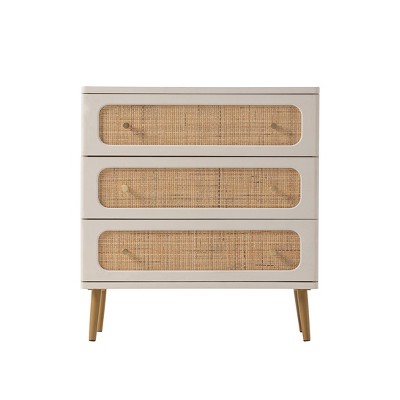 JIONJOY White Weave 3-Drawer Dresser - Fully Assembled Rattan & Wood Storage Cabinet with Antique Brass Hardware