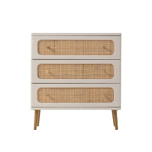 JIONJOY White Weave 3-Drawer Dresser - Fully Assembled Rattan & Wood Storage Cabinet with Antique Brass Hardware - 1 of 4