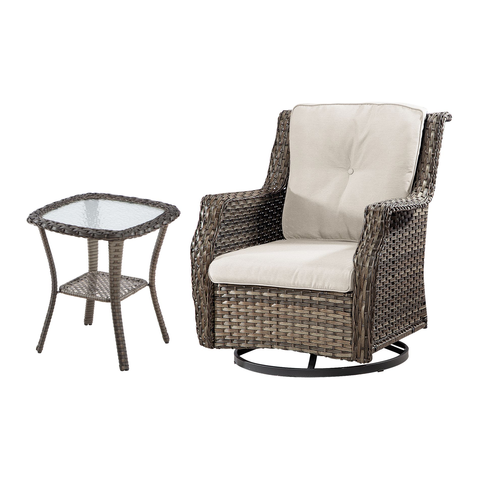 YARDSIGHT 2-Piece Outdoor Wicker Swivel Glider Chair Set with Red Cushions and Glass Table for Patio or Garden