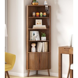 MOEPISY 5-Tier Corner Shelf, 66.73inch Tall Modern Corner Bookshelf, 5 Shelf Bookcase with 2 Fluted Doors - 1 of 4