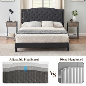 Queen Size Platform Bed Frame, Modern Gray Upholstered Bed Frame with a Height-Adjustable Button-Tufted Headboard, Noise Free Wood Slats Mattress - 1 of 4
