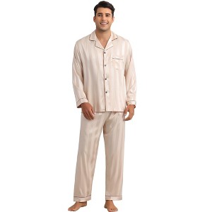 INSPIRE CHIC Men's Satin Long Sleeve Striped Button Down Casual 2 Pieces Pajamas Set - 1 of 4